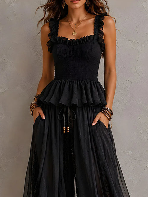 Boho Chic Black Smocked Peplum Two-Piece Set