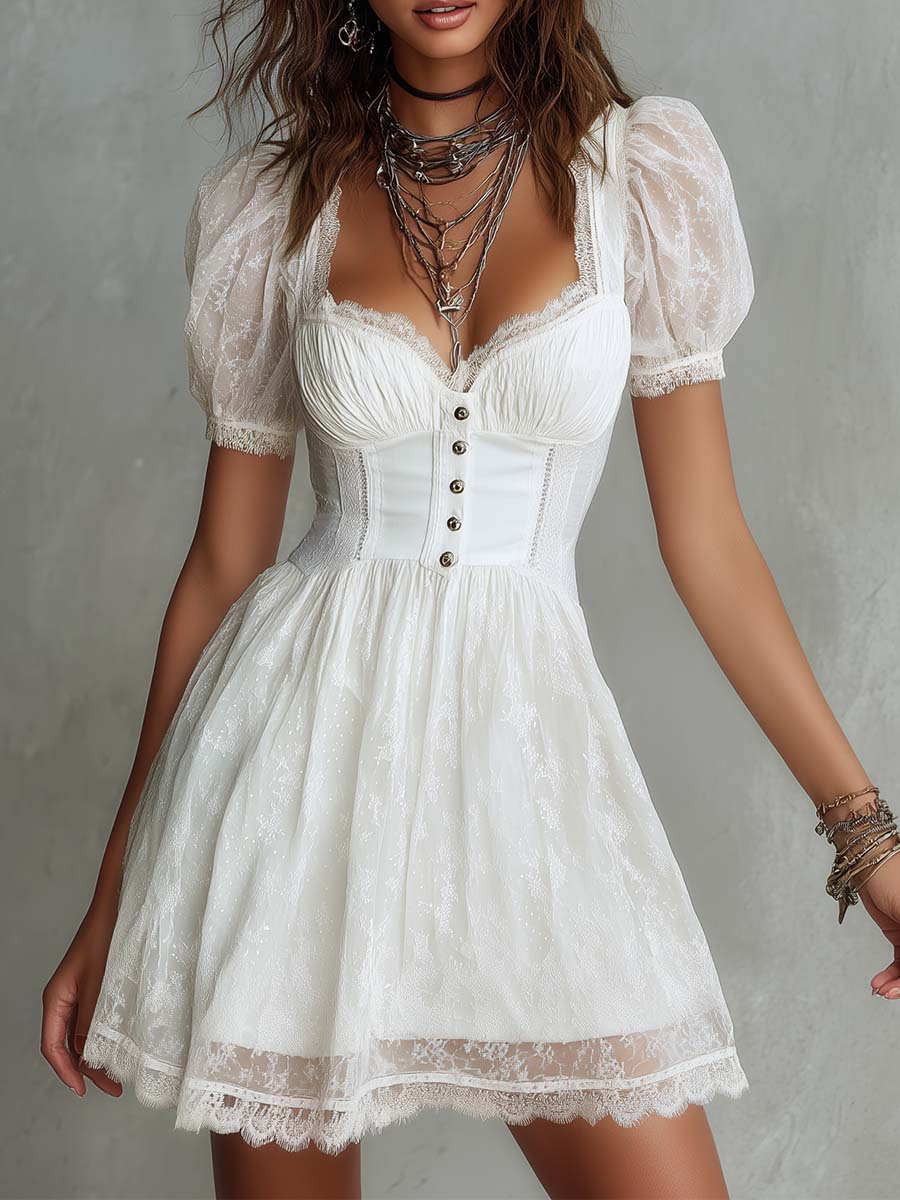 Romantic Puff Sleeve Lace Corset Mini Dress