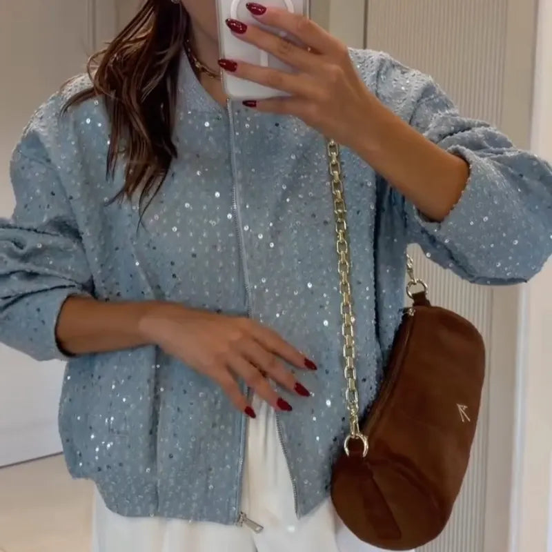 Sequin Denim Zip-Up Jacket