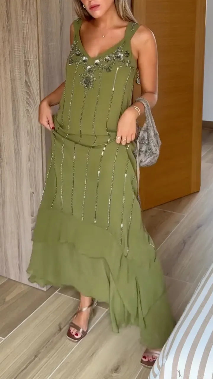 Olive Embellished V-Neck Ruffle-Hem Maxi Dress