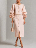 Blush 3D Floral Button Midi Two‑Piece Set