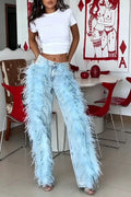 Light-Blue Feather-Trim Wide-Leg Jeans