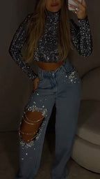 Rhinestone  Crop Top & Rhinestone Jeans