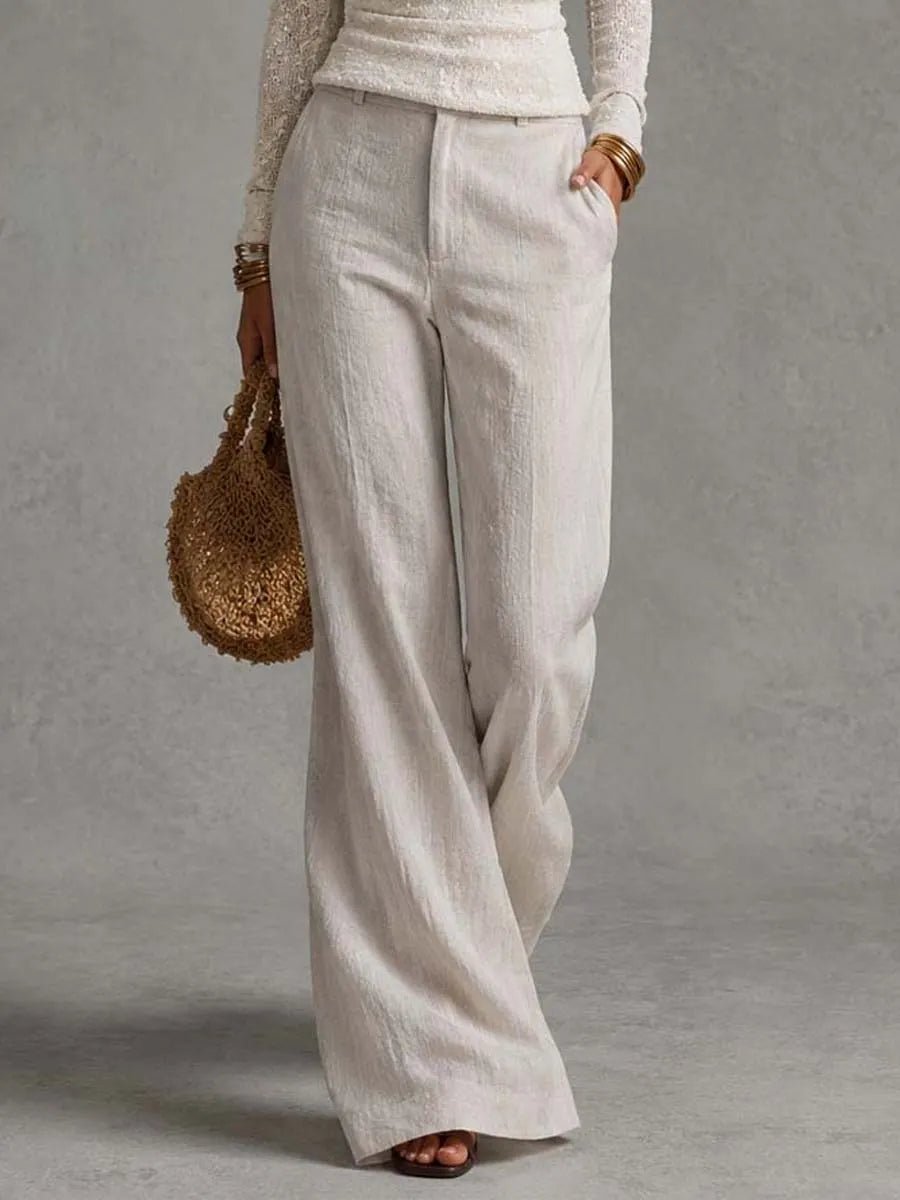 Off Shoulder Knit Texture Long Sleeve Top & Linen Wide Leg Pants Two Piece Set