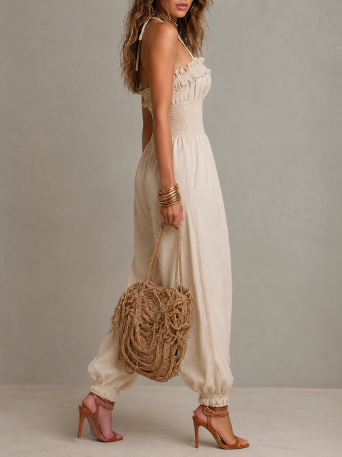 Bohemian Lace-Trimmed Linen-Blend Halter Harem Jumpsuit