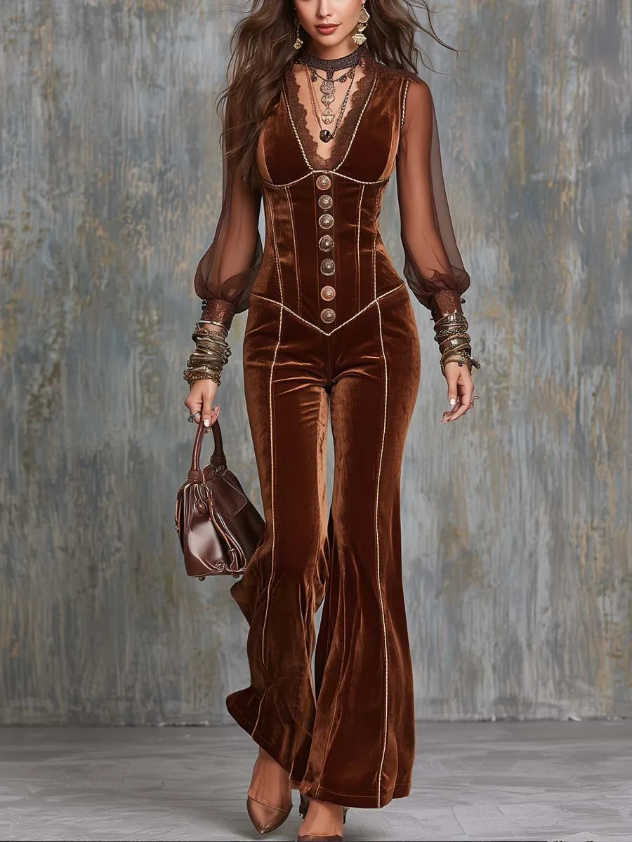 Vintage Chiffon Patchwork Polyester Velvet Jumpsuit