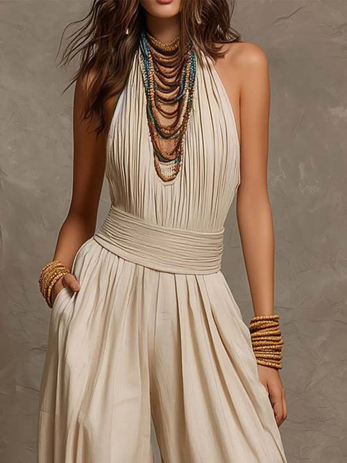 Bohemian Halter Smocked Waist Cotton-Linen Harem Jumpsuit