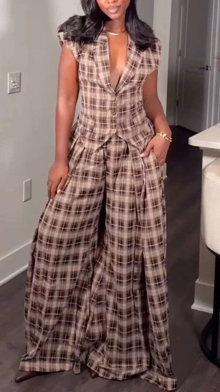 Brown Plaid Tailored Vest & Wide-Leg Pants Set