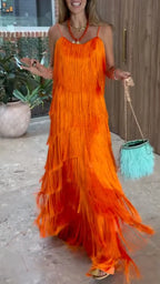 Vibrant Orange Tiered Fringe Maxi Dress