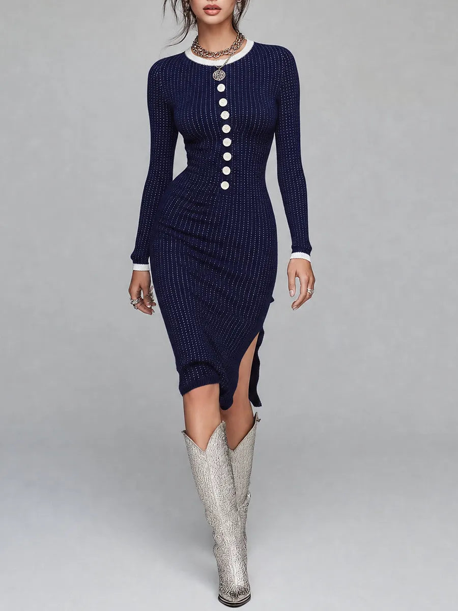 Vintage Navy Ribbed Knit Button-Front Midi Dress