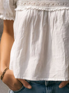 Boho White Square-Neck Puff Sleeve Crochet Lace Trim Blouse