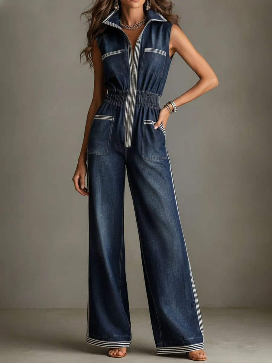 Retro Contrast Trim Denim Elastic Waist Zipper Wide-Leg Jumpsuit