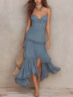Vintage Lace-Paneled Strappy Chiffon Midi Dress With Slit Hem