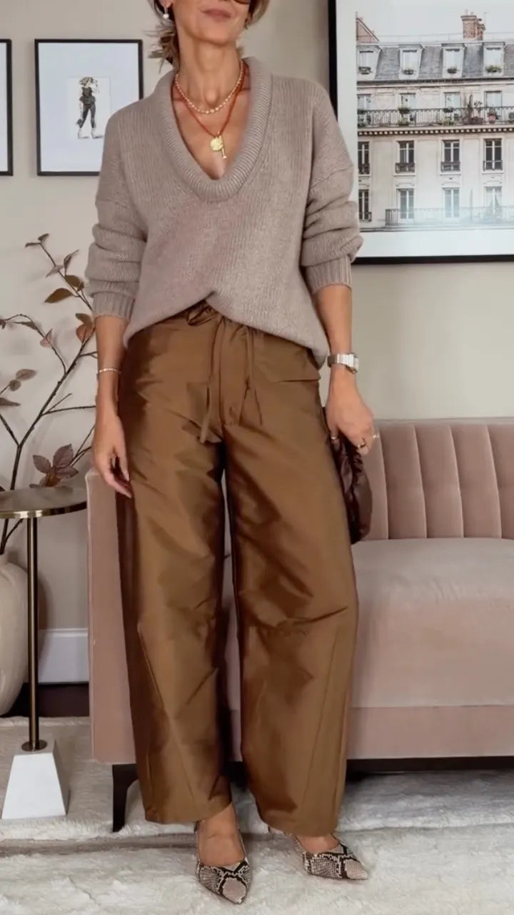 Taupe V-Neck Sweater & Brown Tie-Waist Pants Set
