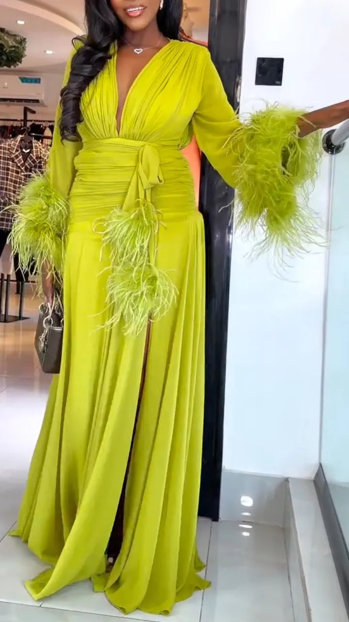 Lime Feather-Trim Ruched Slit Maxi Dress