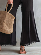 Retro Lace-Trimmed Ribbed Flare Pants Two-Piece Set