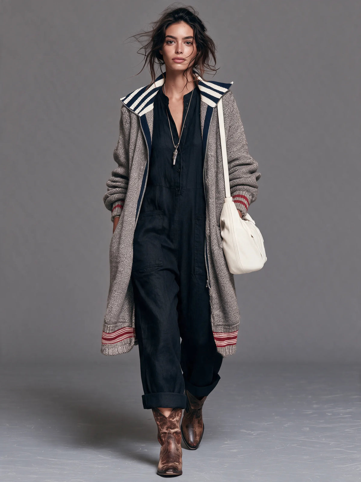 Women's Vintage Color-Block Striped Zip-Up Mid-Length Cardigan