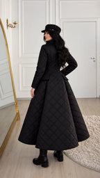 Black Diamond-Quilted Fit-and-Flare Long Coat