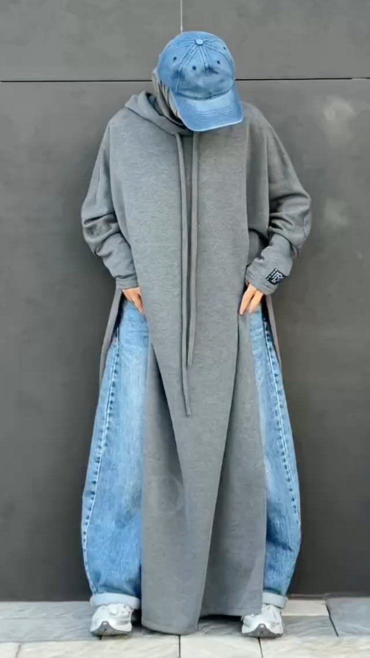 Gray Oversized Hooded Side-Slit Maxi Sweatshirt