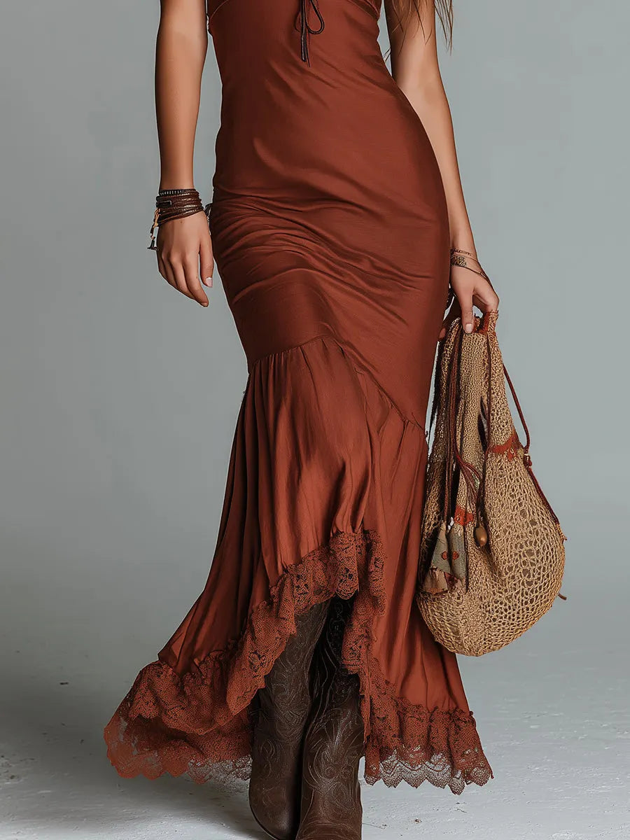 Boho Lace-Trimmed Slim-Fit Tencel Maxi Dress