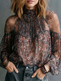 Boho Sheer Floral High Neck Cold Shoulder Blouse