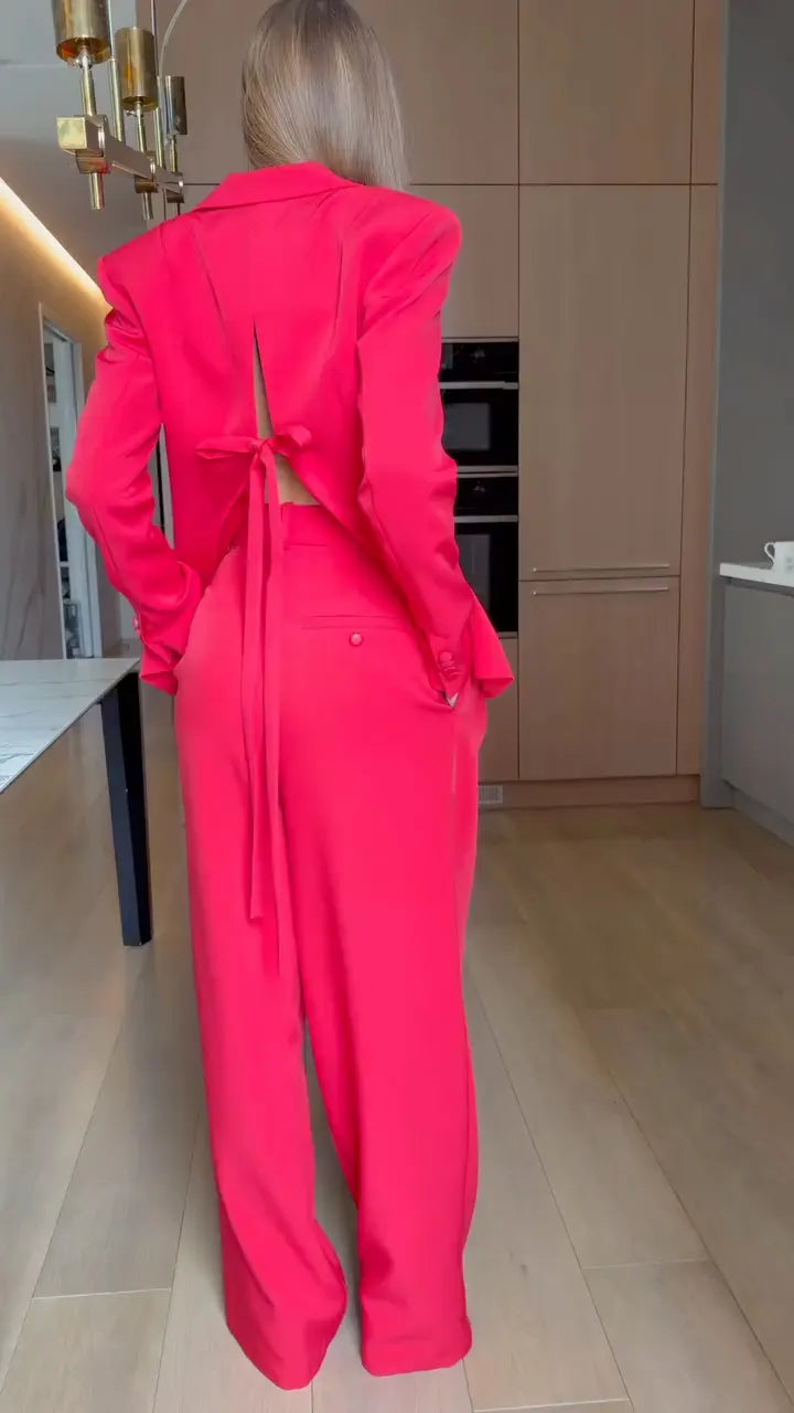 Tailored Blazer Draped Top & Wrap-Panel Pants Set