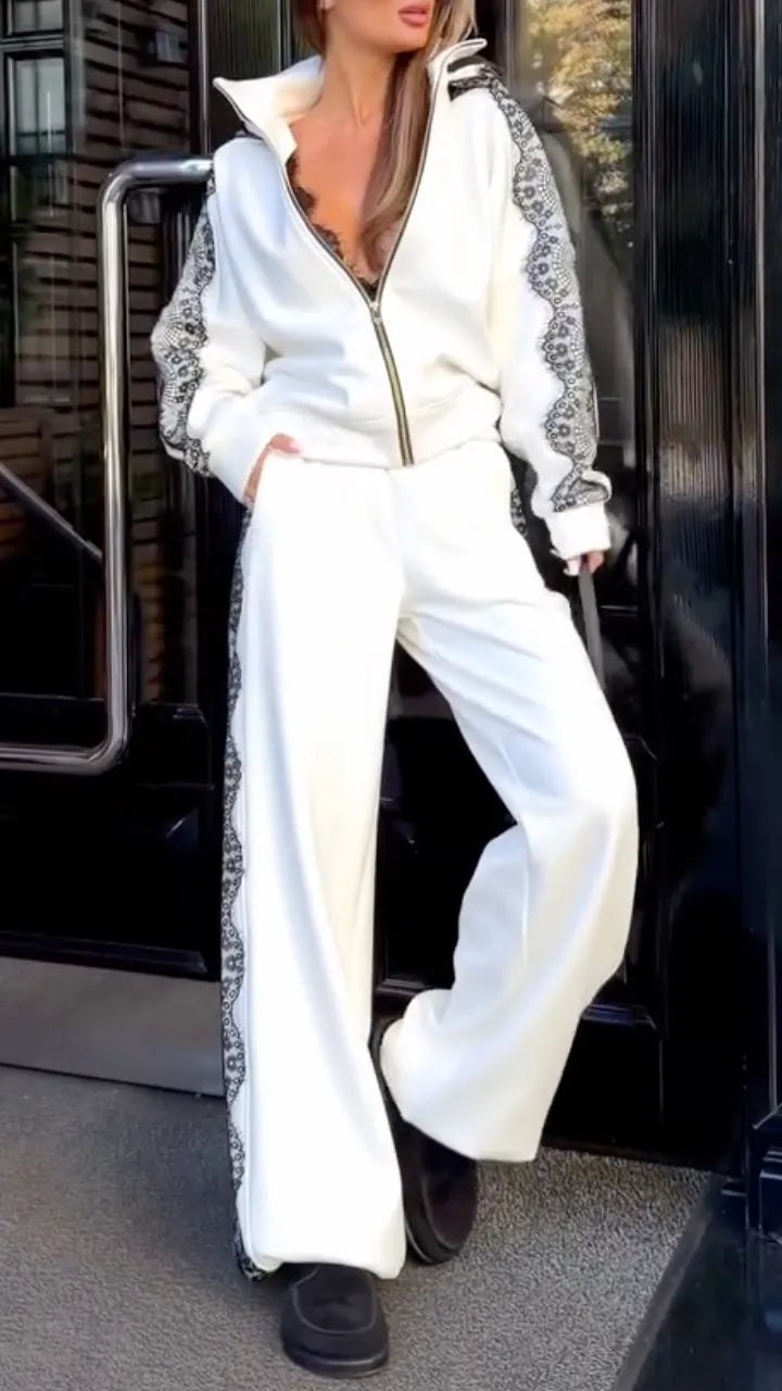 White Floral-Lace Stripe Zip Jacket & Wide-Leg Pants Set