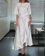 White Satin Cowl Neck Midi Dress With Pockets