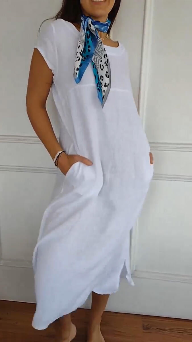 Women's Round Neck Loose Casual Cotton and Linen Dress