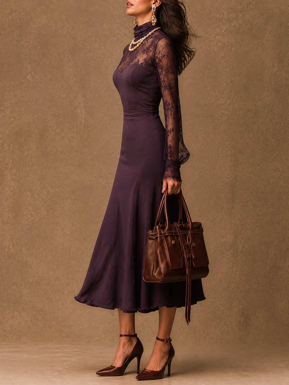 Elegant Matte satin Lace Long Sleeve Bodycon Midi Dress