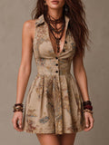 Bohemian Retro Baroque-Print Faux Cotton-Linen Mini Dress