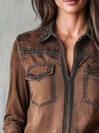 Vintage Brown Washed Contrast Stitching Utility Zip Shirt Jacket