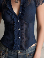 Retro Ruffled Trim Lace Slim-Fit Short-Sleeve Blouse