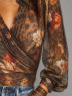 Boho Collared Wrap Front Floral Leopard Mixed Print Sheer Sleeve Blouse