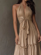 Boho Golden Sand Halter Tie-Front Maxi Dress