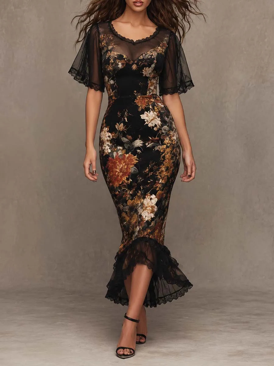 Vintage Gothic Floral Print Lace Mesh Short Sleeve Mermaid Midi Dress