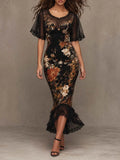 Vintage Gothic Floral Print Lace Mesh Short Sleeve Mermaid Midi Dress
