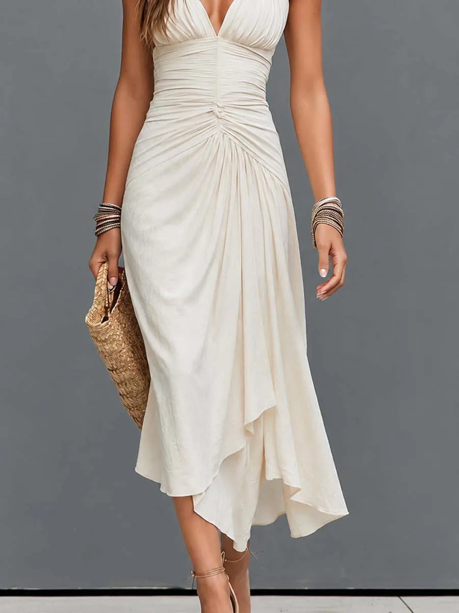 Boho Ruched Deep V Halter Asymmetric Midi Dress