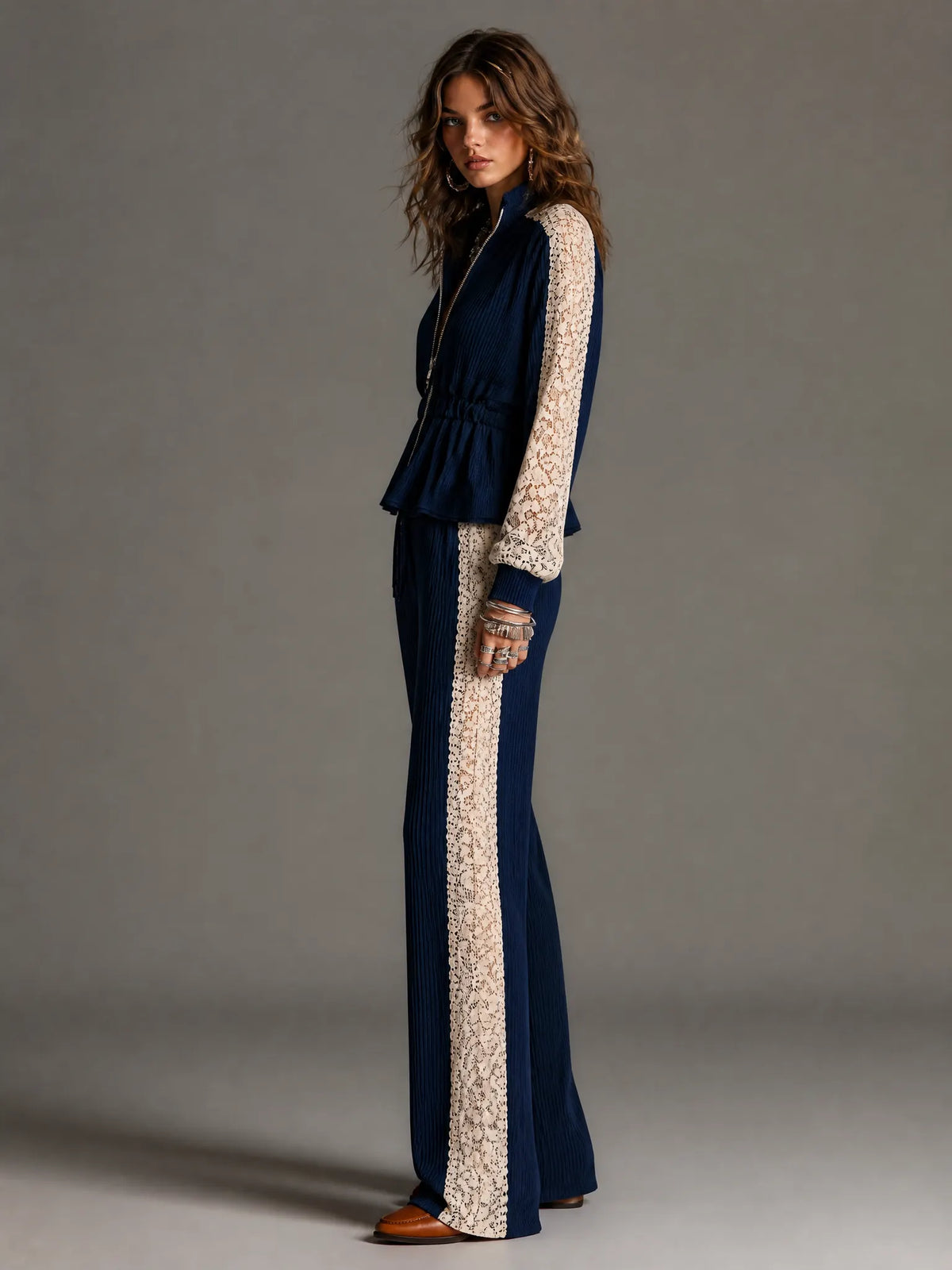Elegant Navy Vertical Ribbed Knit Two Piece Outfit Zip Front Peplum Top Off White Floral Lace Panel Wide Leg Pants