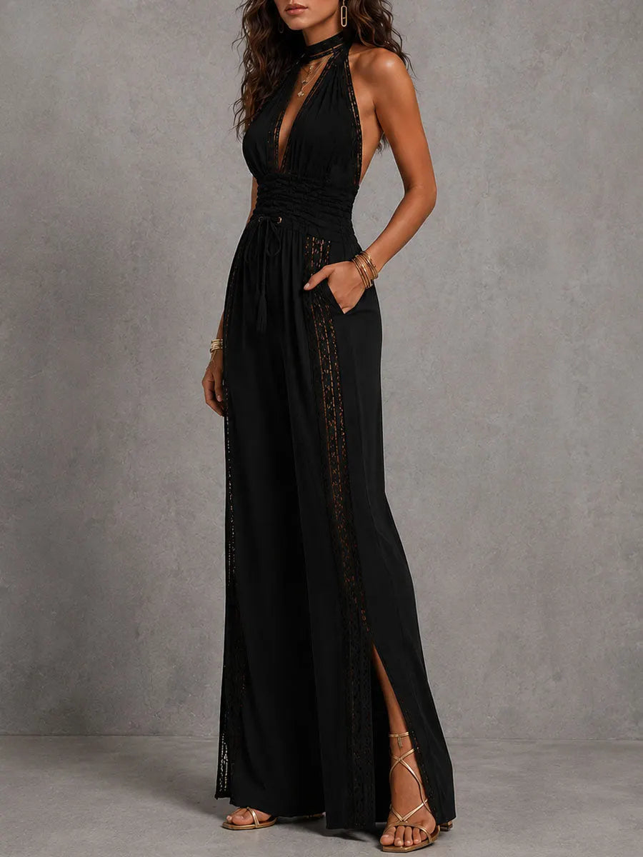 Boho Elegant Black Lace Panel Smocked Waist Wide Leg One-Piece Jumpsuit