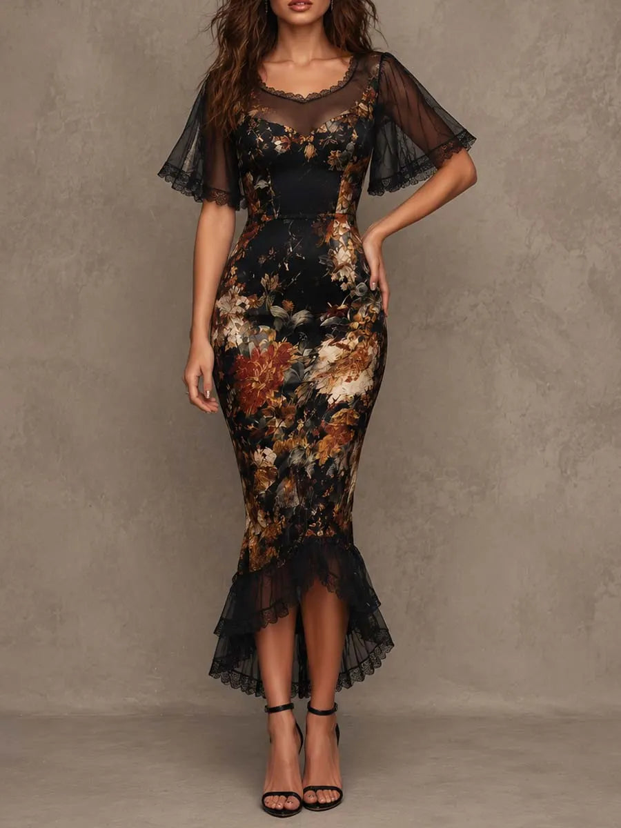 Vintage Gothic Floral Print Lace Mesh Short Sleeve Mermaid Midi Dress