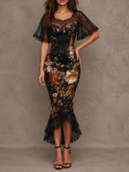 Vintage Gothic Floral Print Lace Mesh Short Sleeve Mermaid Midi Dress
