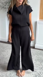 Black Asymmetric-Collar Top & Wide-Leg Pants Set