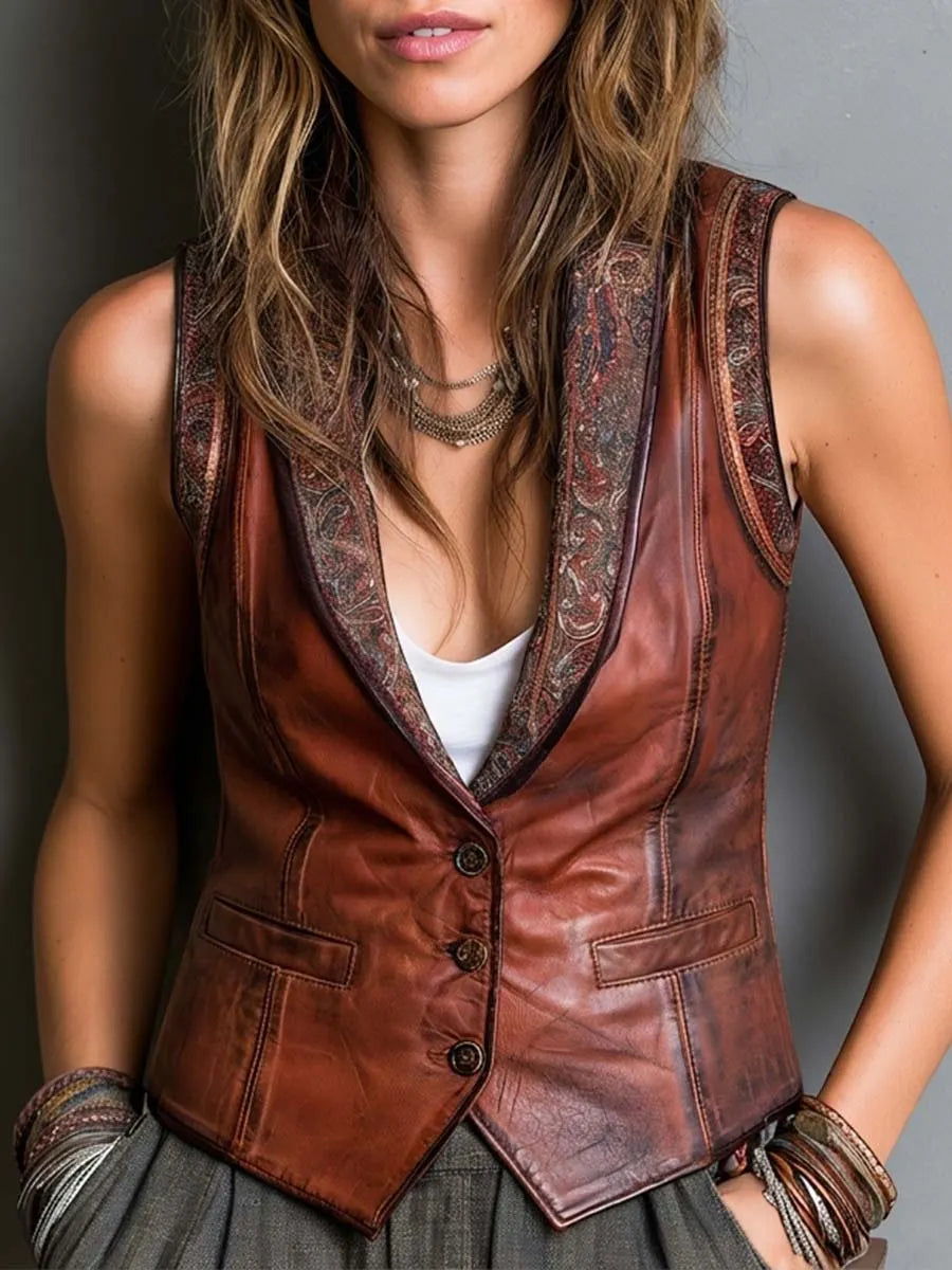 Boho Brown Leather Paisley Trim Button-Front Vest