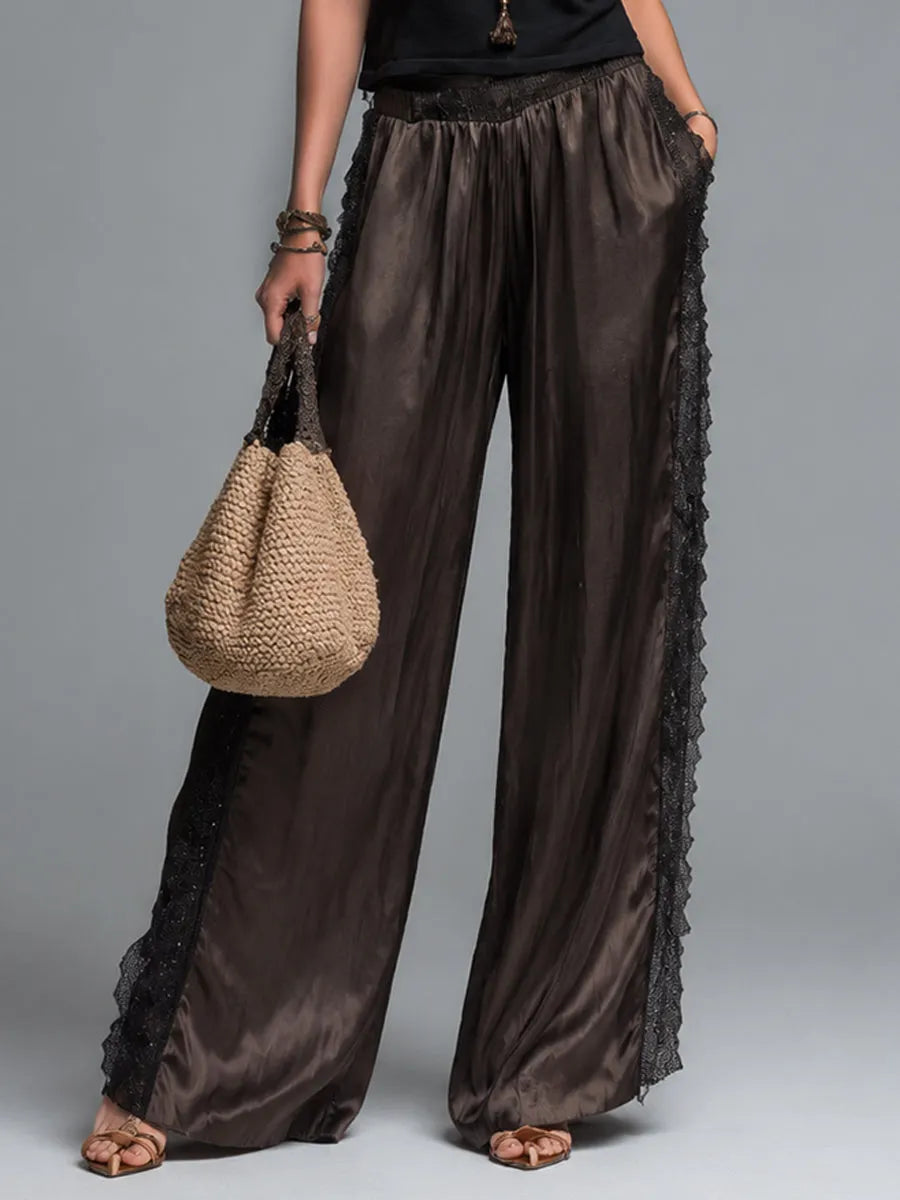 Casual V-Neck Sleeveless Top & Lace-Trimmed Wide-Leg Pants Set