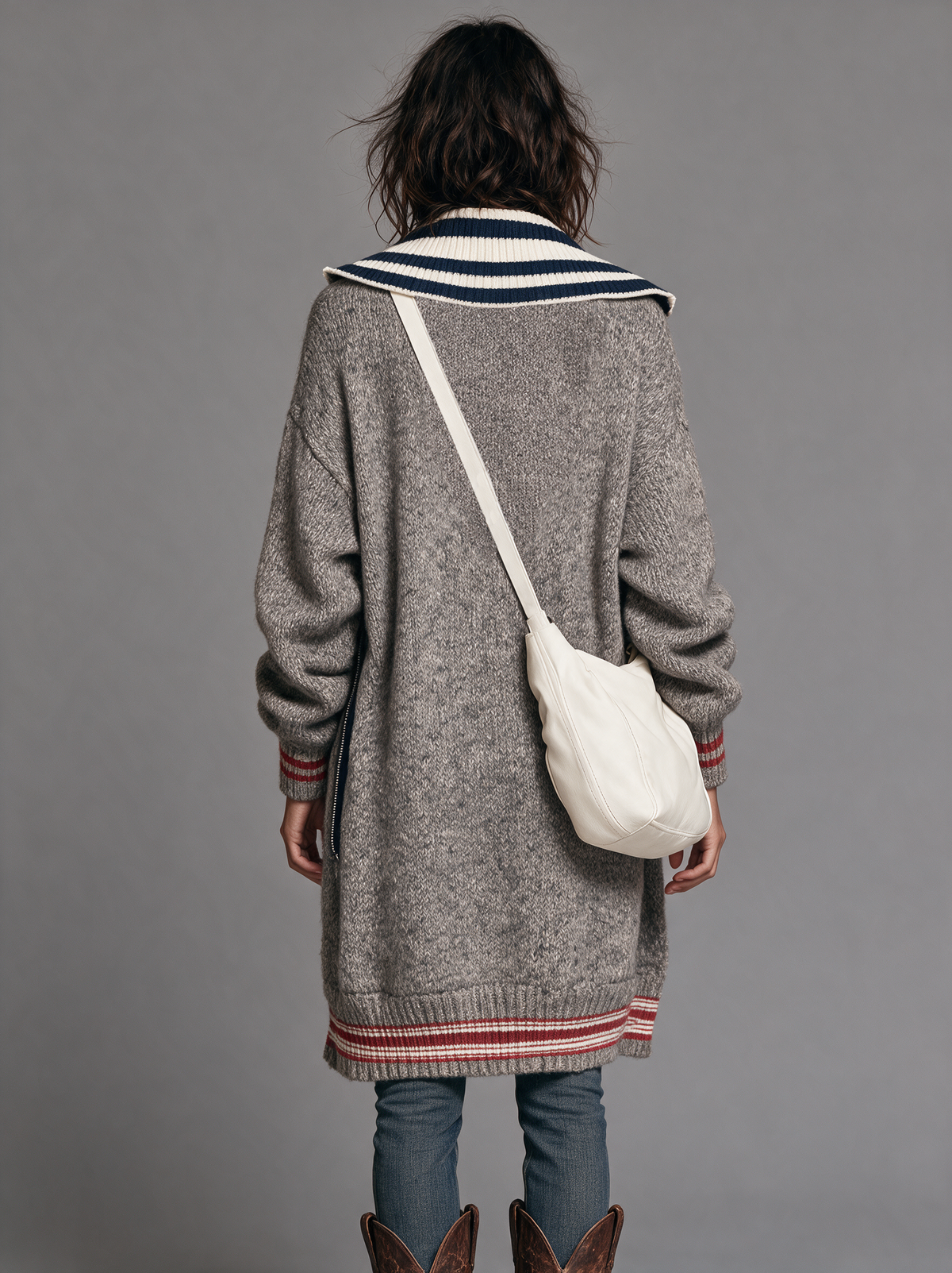 Women's Vintage Color-Block Striped Zip-Up Mid-Length Cardigan