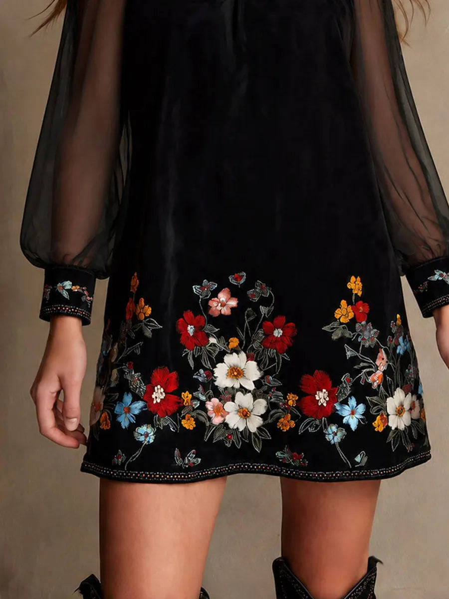 Boho Velvet Floral Embroidery Cold Shoulder Mini Dress With Sheer Sleeve
