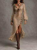 Boho Khaki Sheer Lace Maxi Dress Sailor Striped Collar Lantern Long Sleeve Side Button Front Split Western Dress