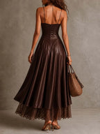 Elegant Draped Cowl Neck Satin Spaghetti Strap Midi Dress With Lace Hem Underlayer