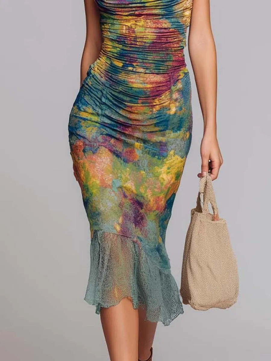 Bohemian Halter Ruched Tie-Dye Mesh Midi Dress
